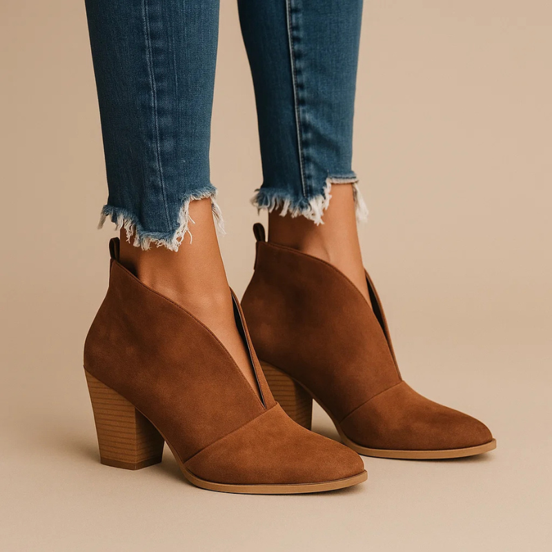 Pointed Toe Cut Out V Front Block Heel Ankle Boots 6