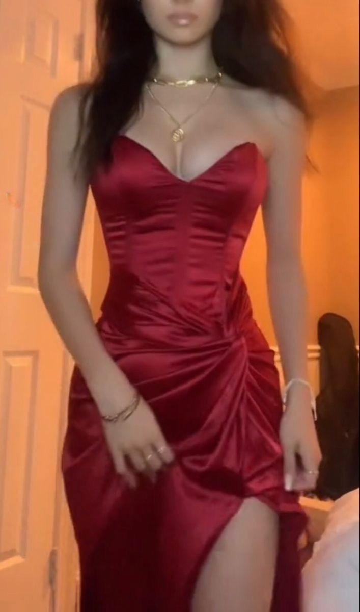 Burgundy Strapless Long Prom Dress Evening Dress With Slit