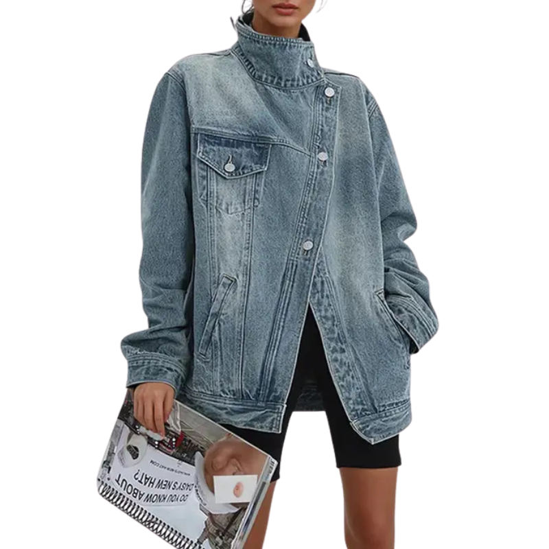 Oversized Stand Collar Button Front Denim Jacket
