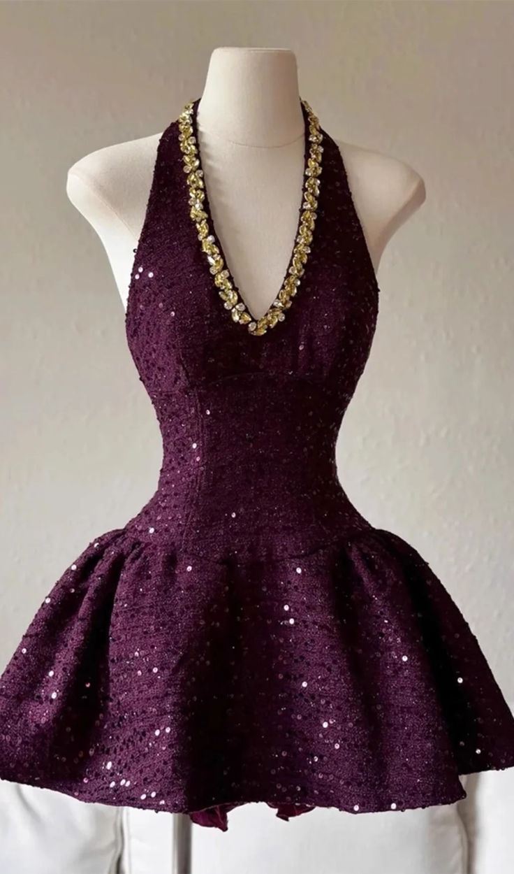 Dark Purple Sequin V Neck Halter Homecoming Dress Short Party Dress