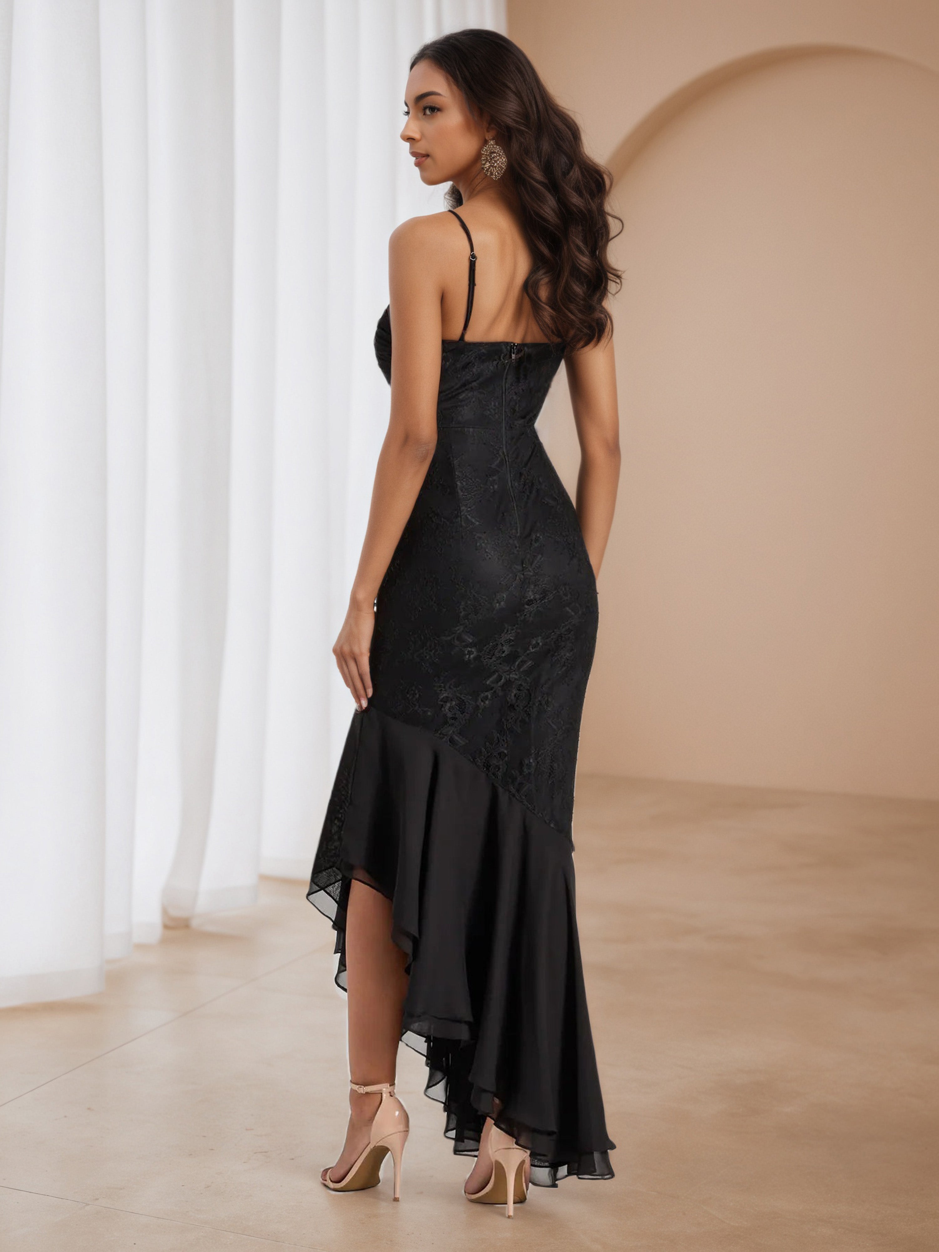 Ankle Length Ruffle Side Spaghetti Straps Black Formal Dresses