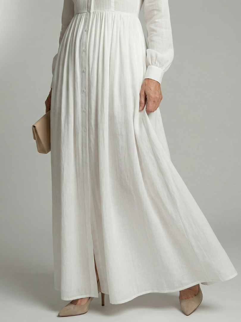 Collared Long Sleeve Pintuck Button Front Maxi Shirt Dress
