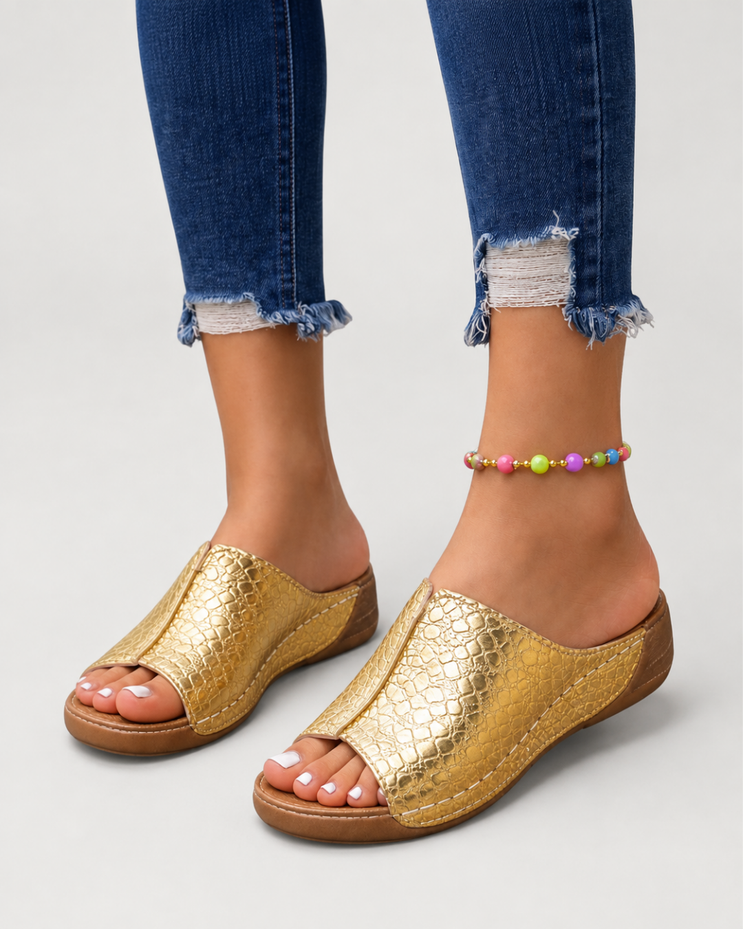 Open Toe Snake Print Slip On Wedge Sandals