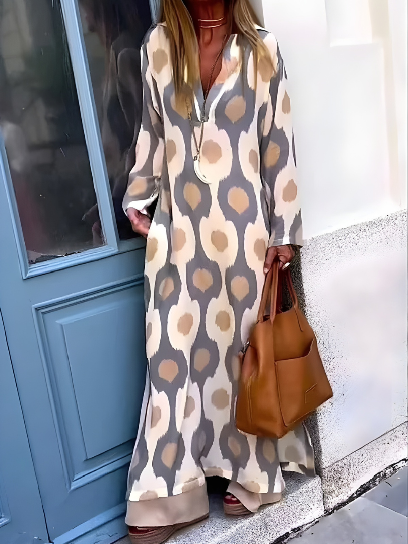 Ikat Print Long Sleeve Split Neck Maxi Dress