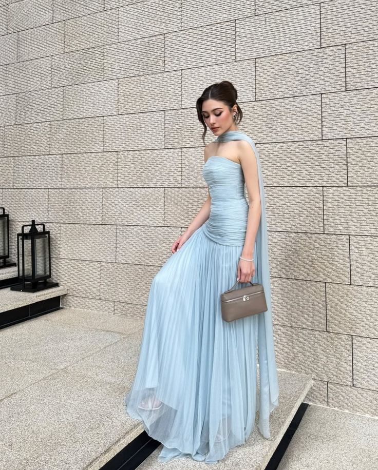 Light Sky Blue Long Prom Dress Evening Party Dresses With Scarf   fg7696