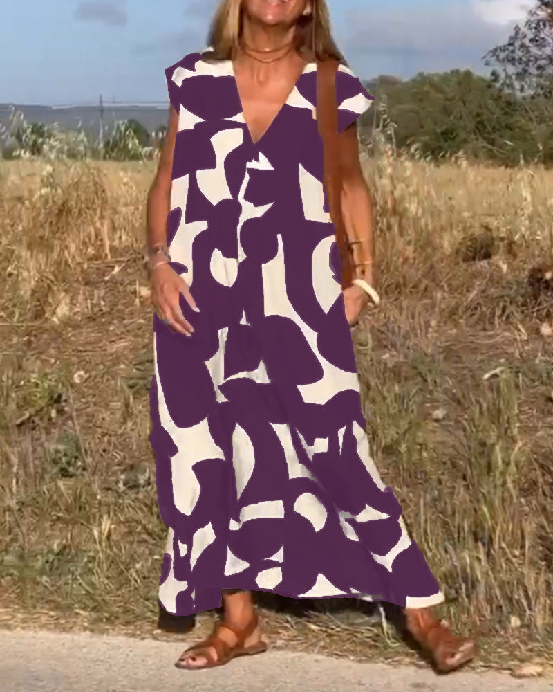 Abstract Print V-Neck Cap Sleeve Oversized Maxi Dress