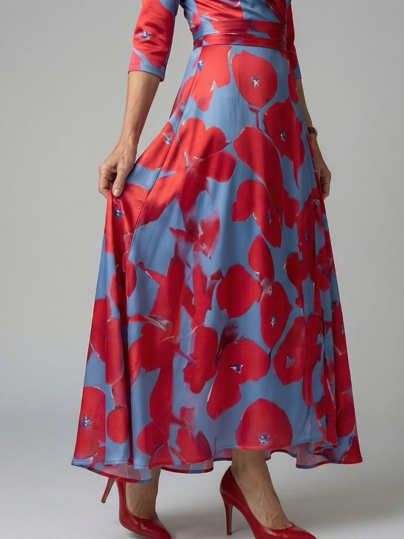 Floral V-Neck Wrap Three Quarter Sleeve Satin Maxi Dress