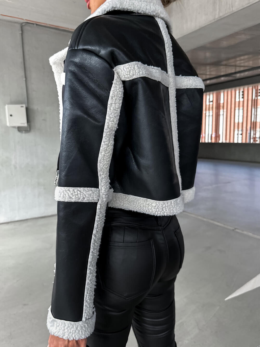 Faux Leather Fleece Trim Belted Cropped Aviator Jacket