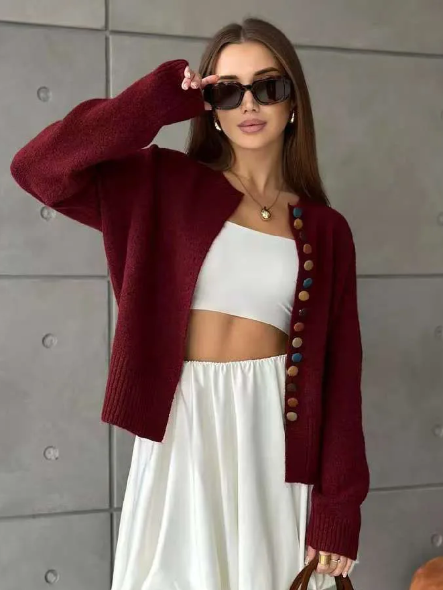 Crew Neck Multicolor Button Front Knit Cardigan