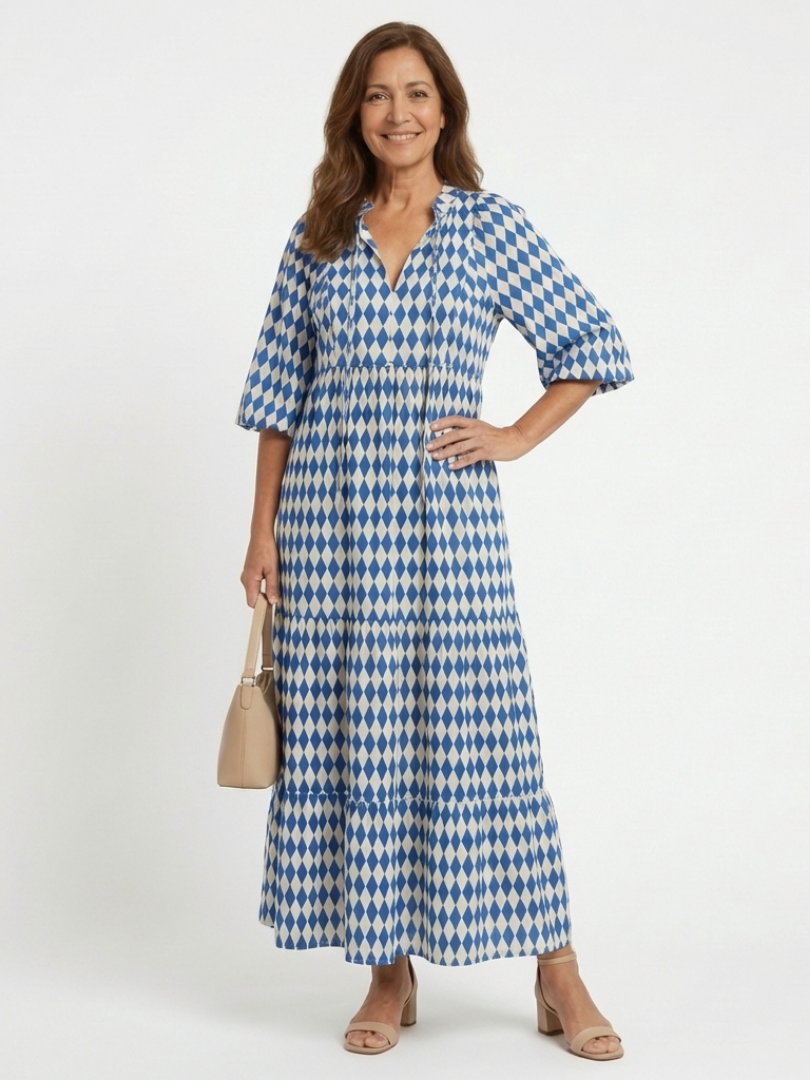 Diamond Print Split Neck Puff Sleeve Tiered Maxi Dress
