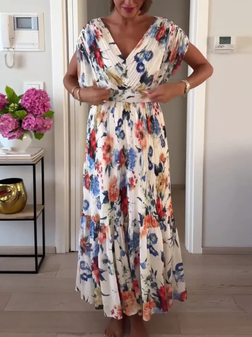 Floral V-Neck Short Sleeve Pleated Tiered Maxi Dress