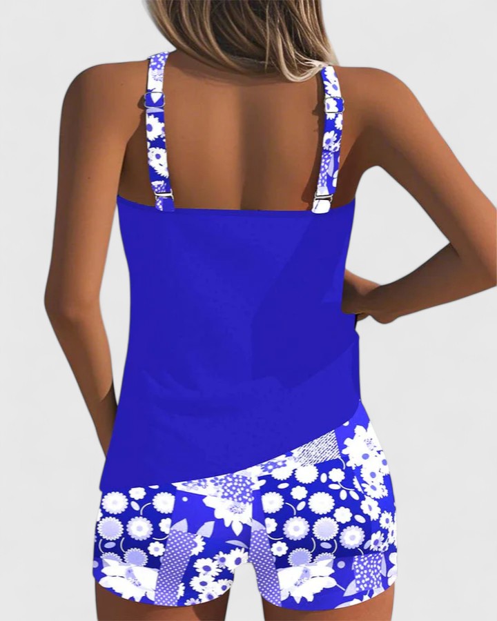 Racerback Tank and Floral Print Shorts Tankini Swimsuit Set
