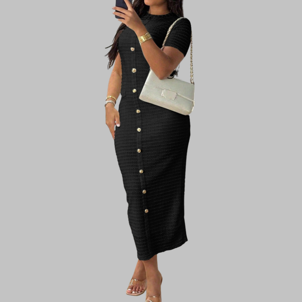 Mock Neck Short Sleeve Button Front Bodycon Midi Dress 13