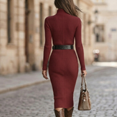 Deep V-Neck Ribbed Knit Long Sleeve Bodycon Midi Dress 2