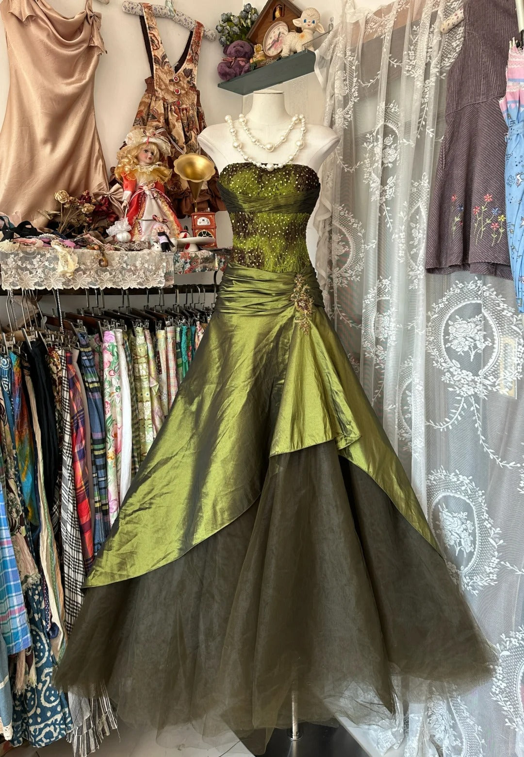 A Line Green Strapless Vintage Prom Dress Long Evening Dress   fg8037