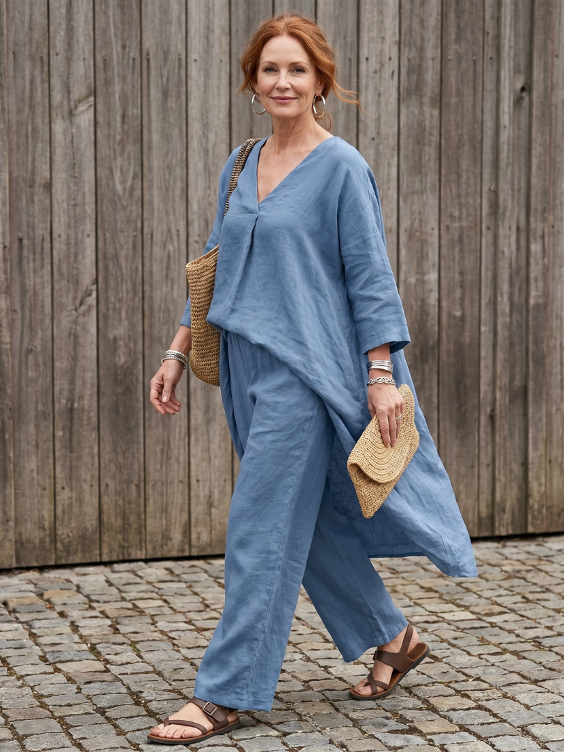 V-Neck Tunic Top and Wide Leg Pants Two Piece Set