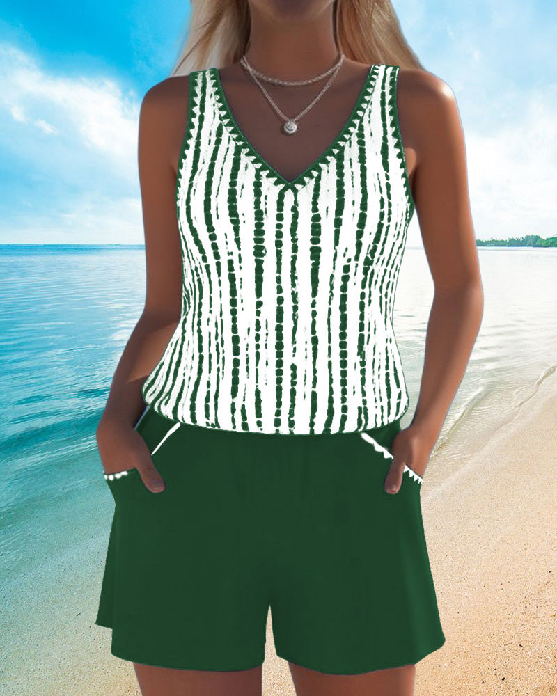 Striped V-Neck Sleeveless Pocket Playsuit