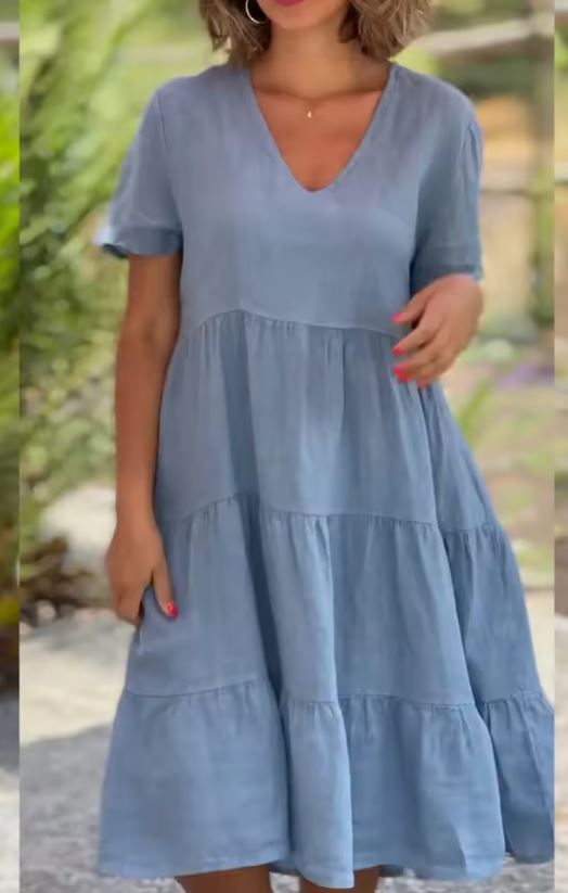 V-Neck Short Sleeve Tiered Midi Dress