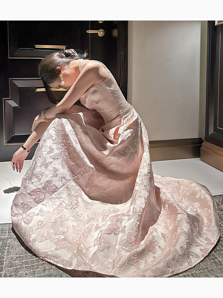 Chic Spaghetti Straps Pink Satin Print Prom Dress Evening Party Dress cc1885