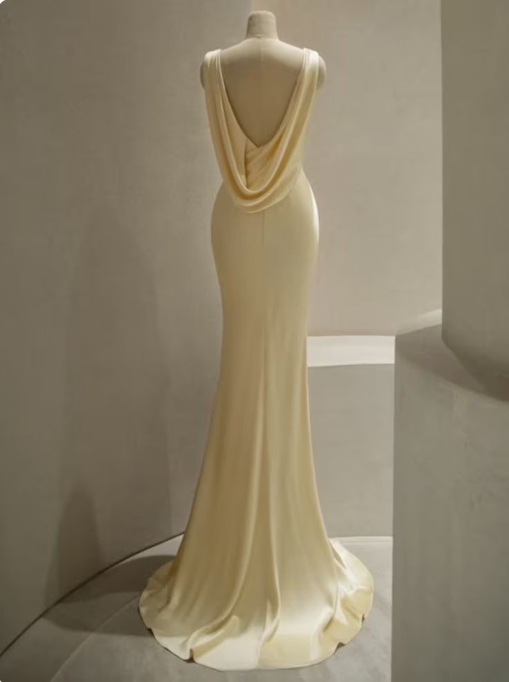 Pastel Yellow Satin Backless Mermaid Long Prom Dress