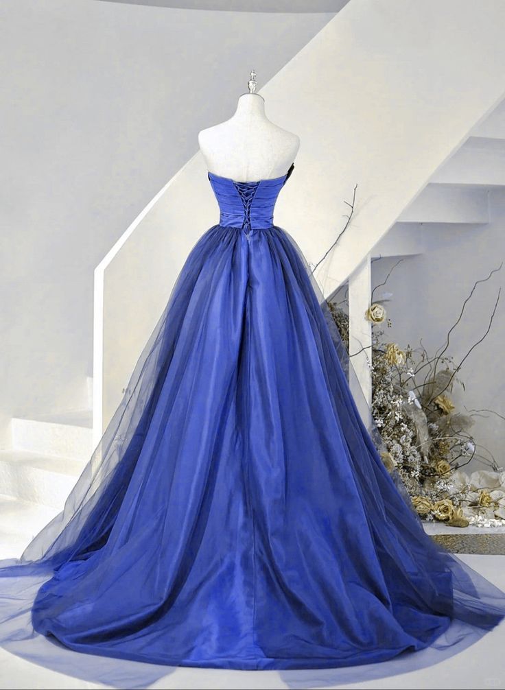 Blue Satin And Tulle Long Party Dress Prom Dress Blue Evening Dress