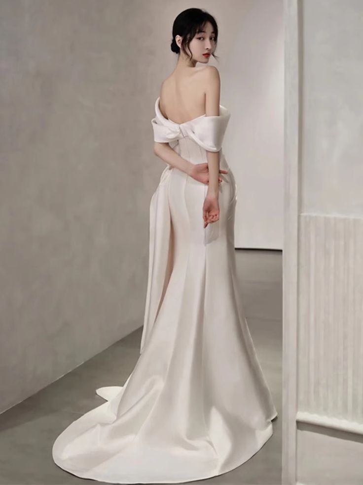 Off-The-Shoulder Satin High Split Twist Front Train Dresses For Wedding