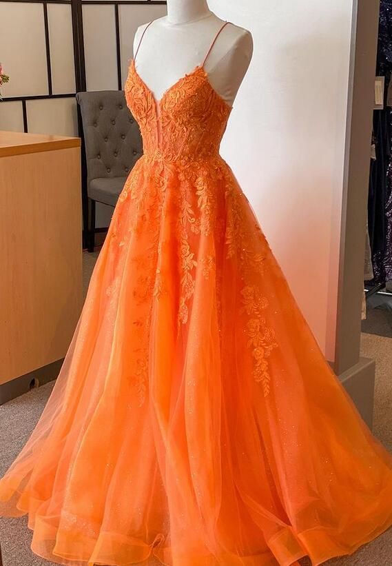 Orange Straps Lacetulle Long Prom Dress