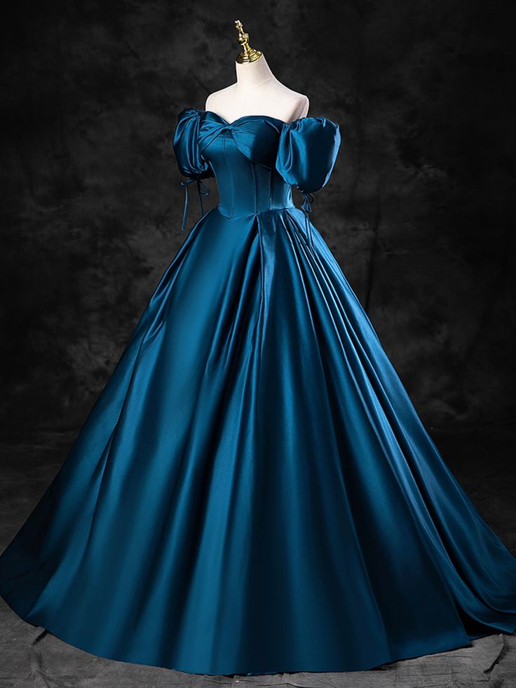 Blue Satin Off The Shoulder Floor Length Prom Dress Blue A-Line Party Dress