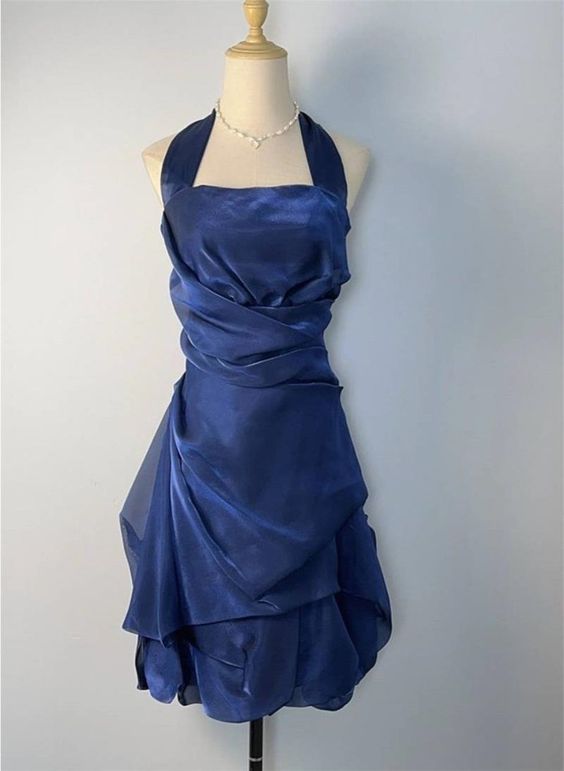 Blue Short Halter Homecoming Dress Party Dress Blue Short Formal Dress