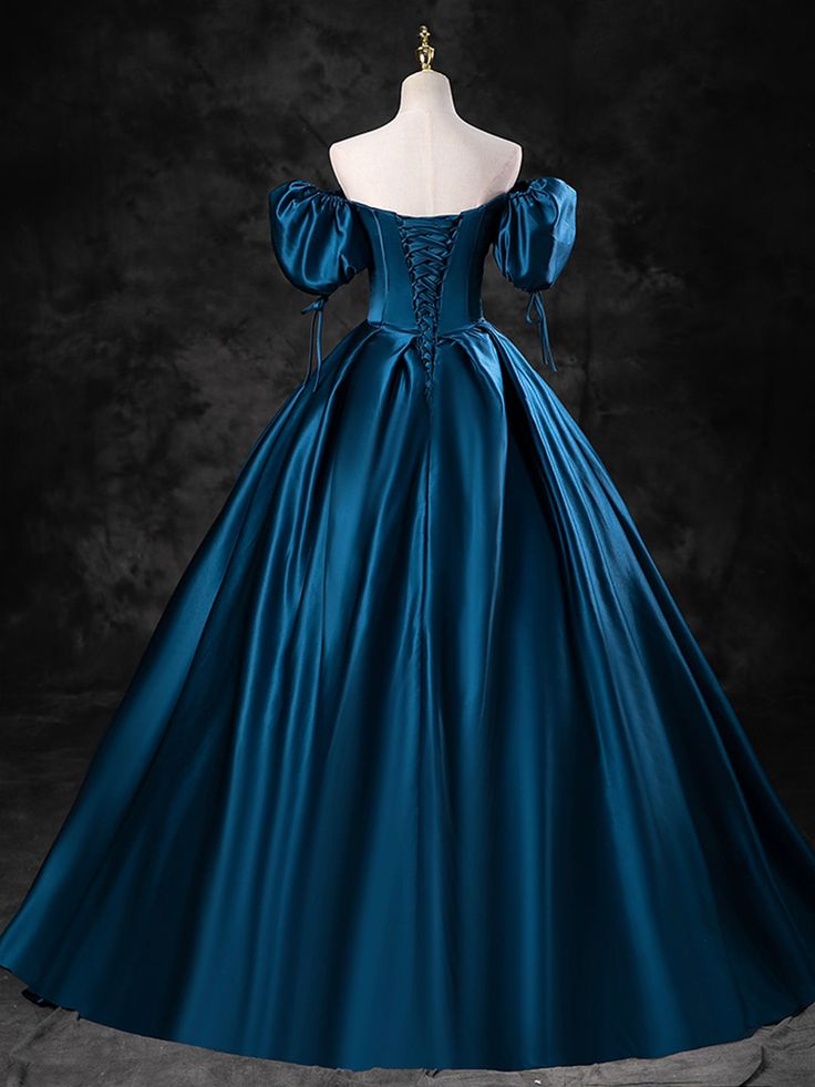 Blue Satin Off The Shoulder Floor Length Prom Dress Blue A-Line Party Dress