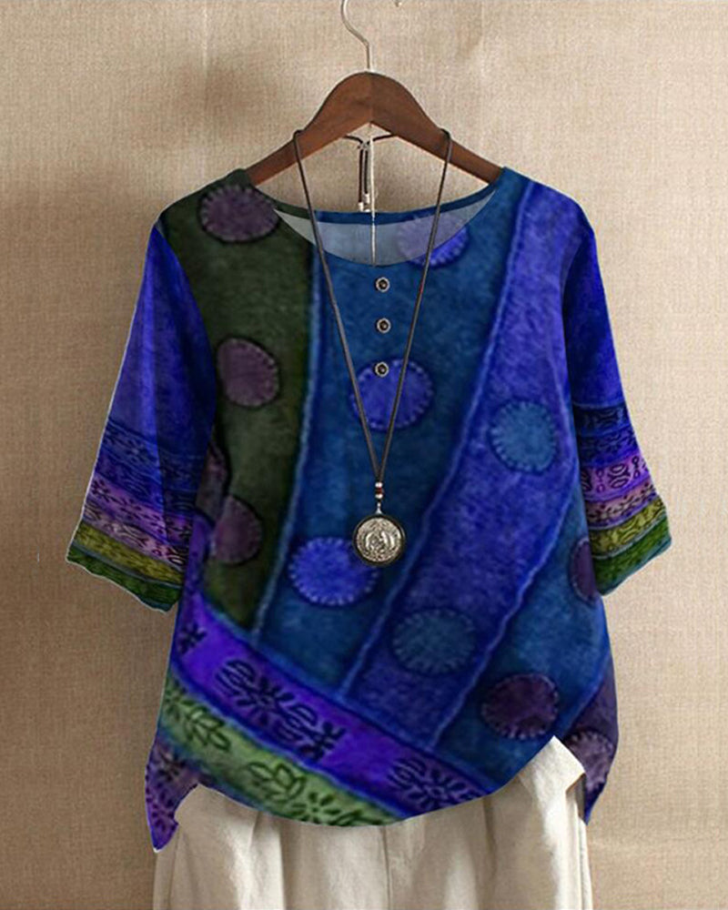 Patchwork Print Round Neck Half Sleeve Tunic Top