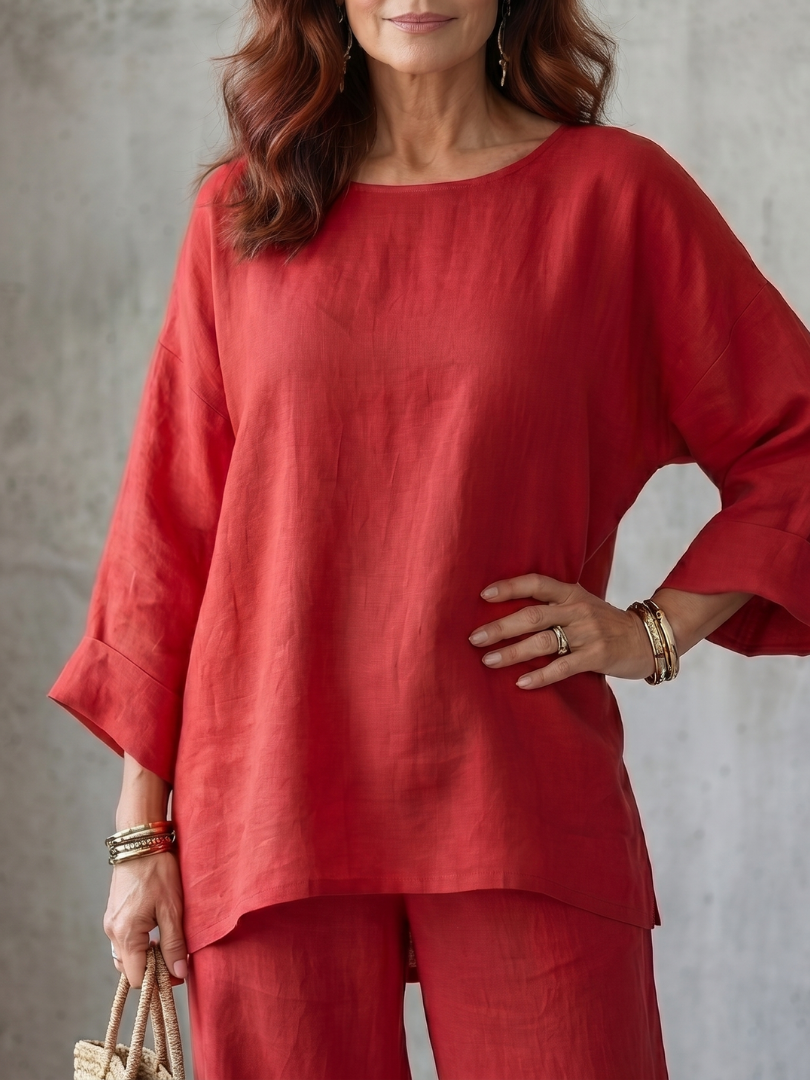 Round Neck Oversized Tunic and Wide Leg Pants Two Piece Set
