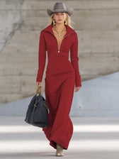 Knit Collared Long Sleeve Zip Front Maxi Dress 13