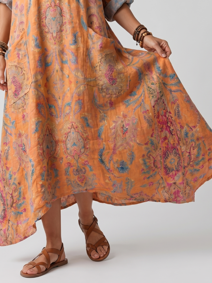 Paisley Print V-Neck Patch Pocket Maxi Dress