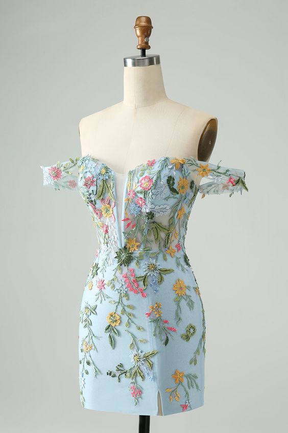 Blue Floral Of The Shoulder Corset Short Homecoming Dress With Embroidery