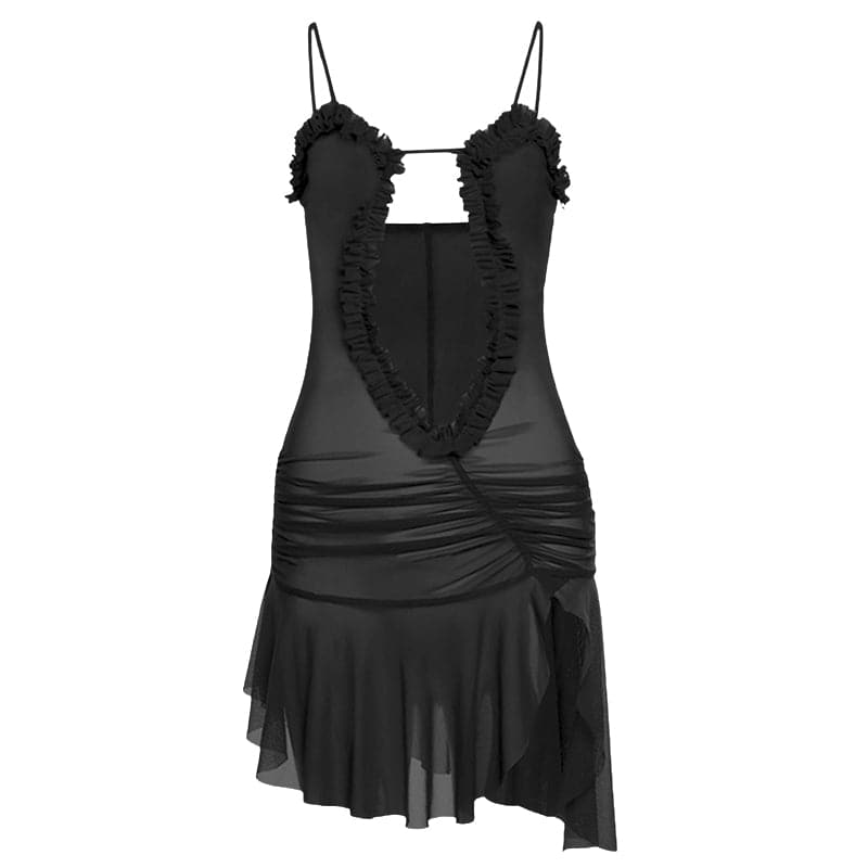Sheer Mesh Ruffle Trim Cut Out Ruched Asymmetric Strap Mini Dress 2