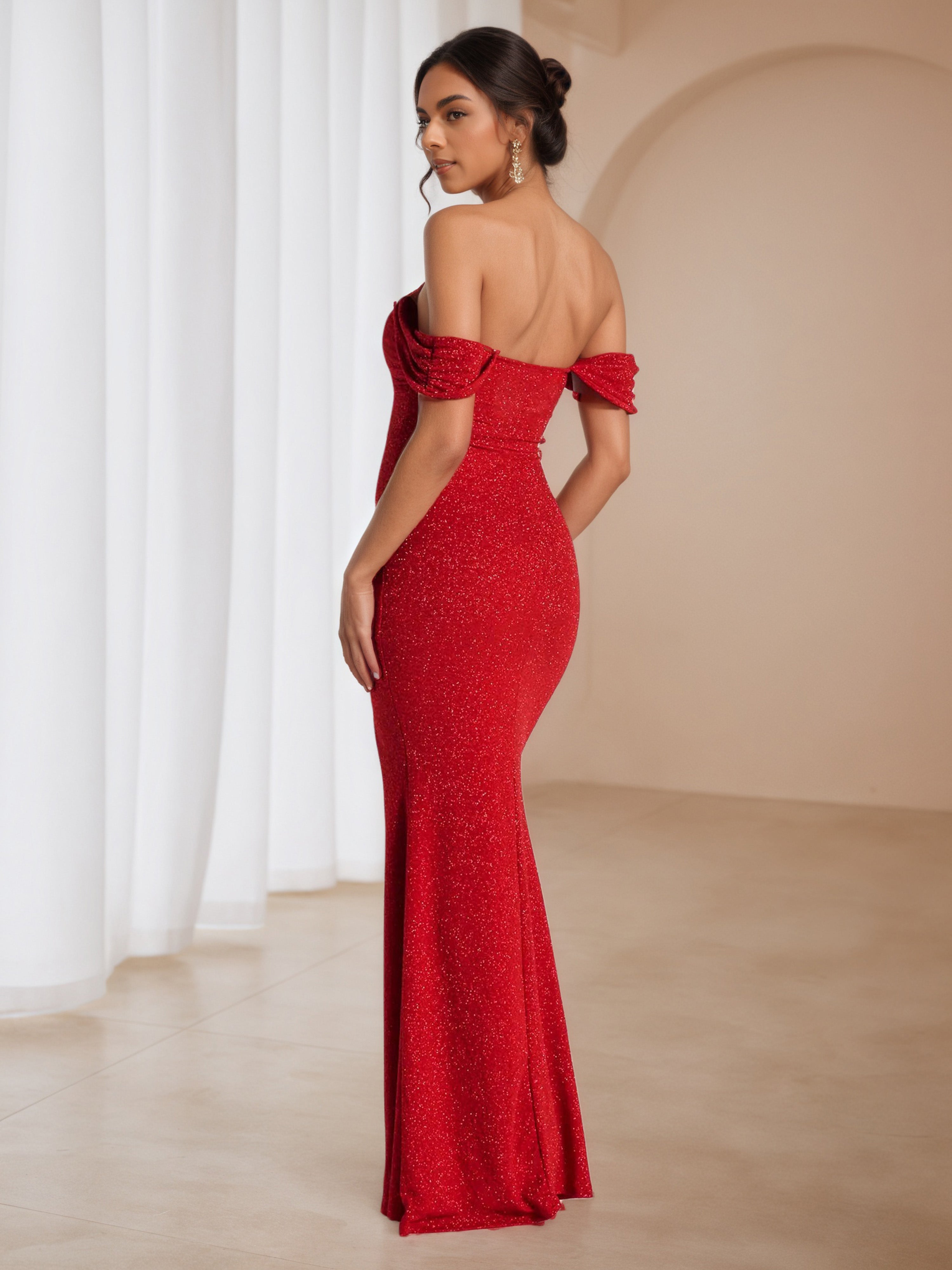 Glitter Red Off The Shoulder Sweetheart Trumpet/Mermaid Formal Dresses