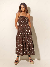 Chocolate And Ivory Polka Dot Trendy Print Pleated Elastic Strap Dress Brown / S Dresses