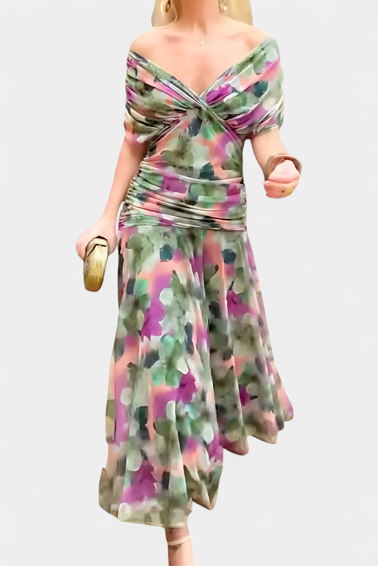 Chiffon Off Shoulder Twist Front Ruched Maxi Dress 18