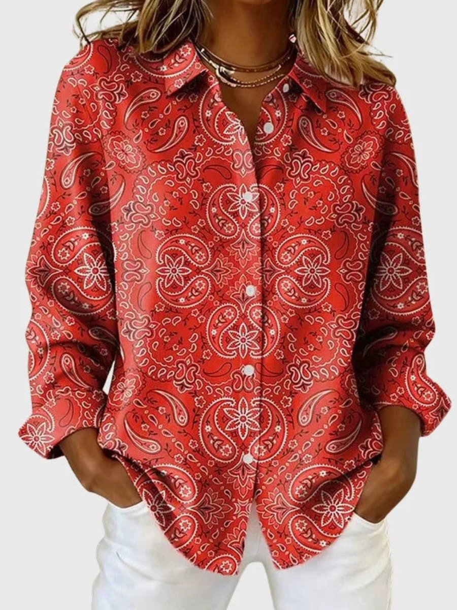 Paisley Print Collared Button Front Long Sleeve Blouse