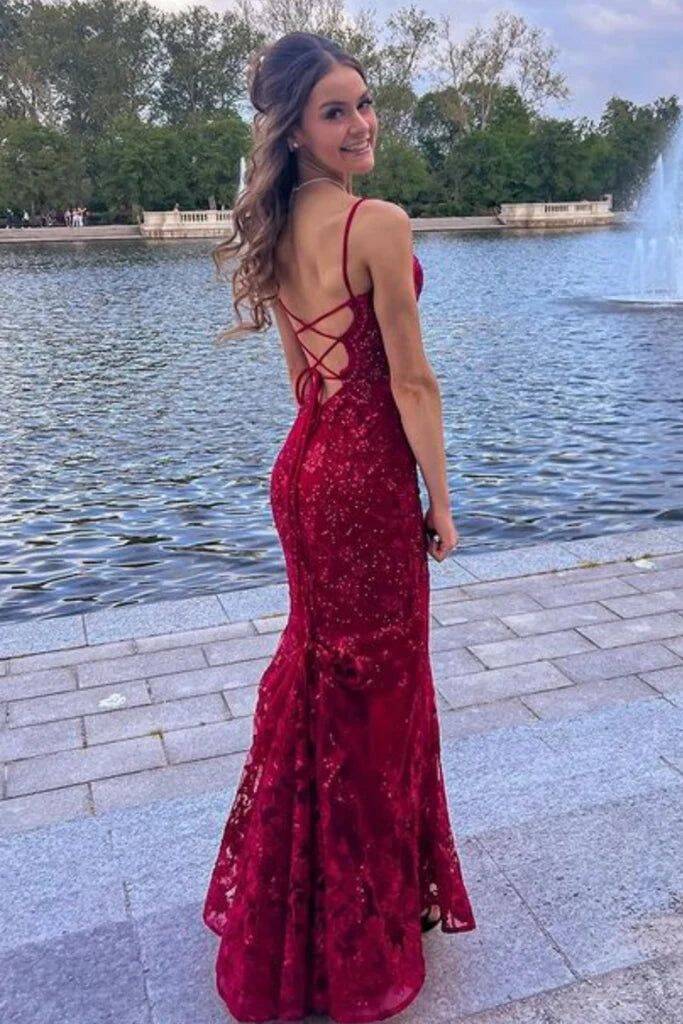 Burgundy Mermaid Lace Sequins Prom Dress Formal Wear Dresses