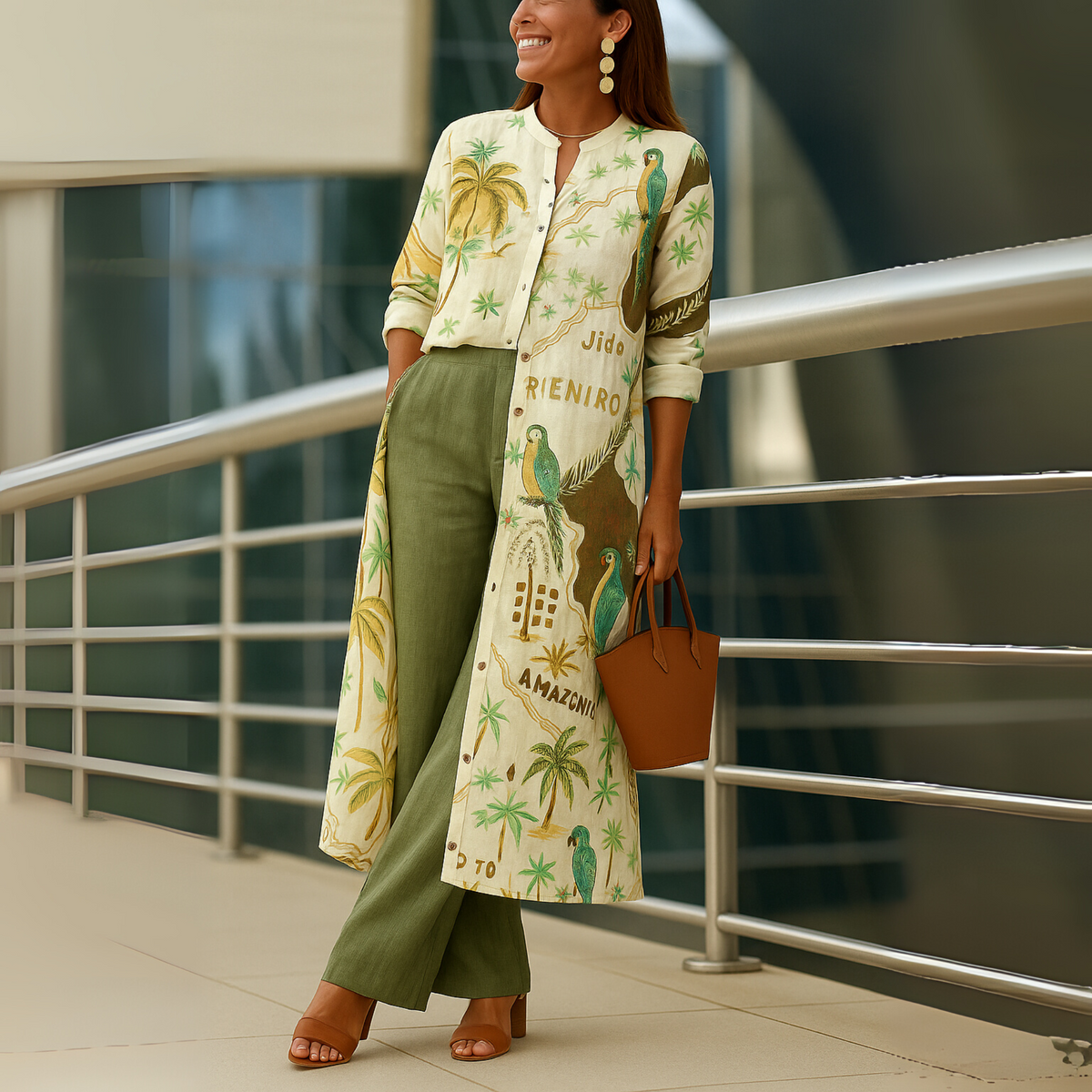 Tropical Print Longline Shirt and Wide Leg Pants Two Piece Set