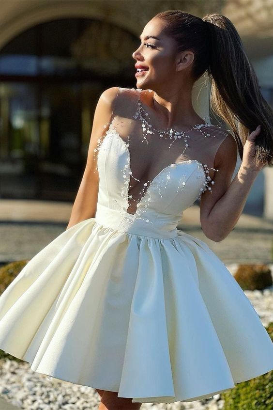 New Mini Homecoming Dress Transparent Tulle Jewel Sweetheart Satin Graduation Dresses