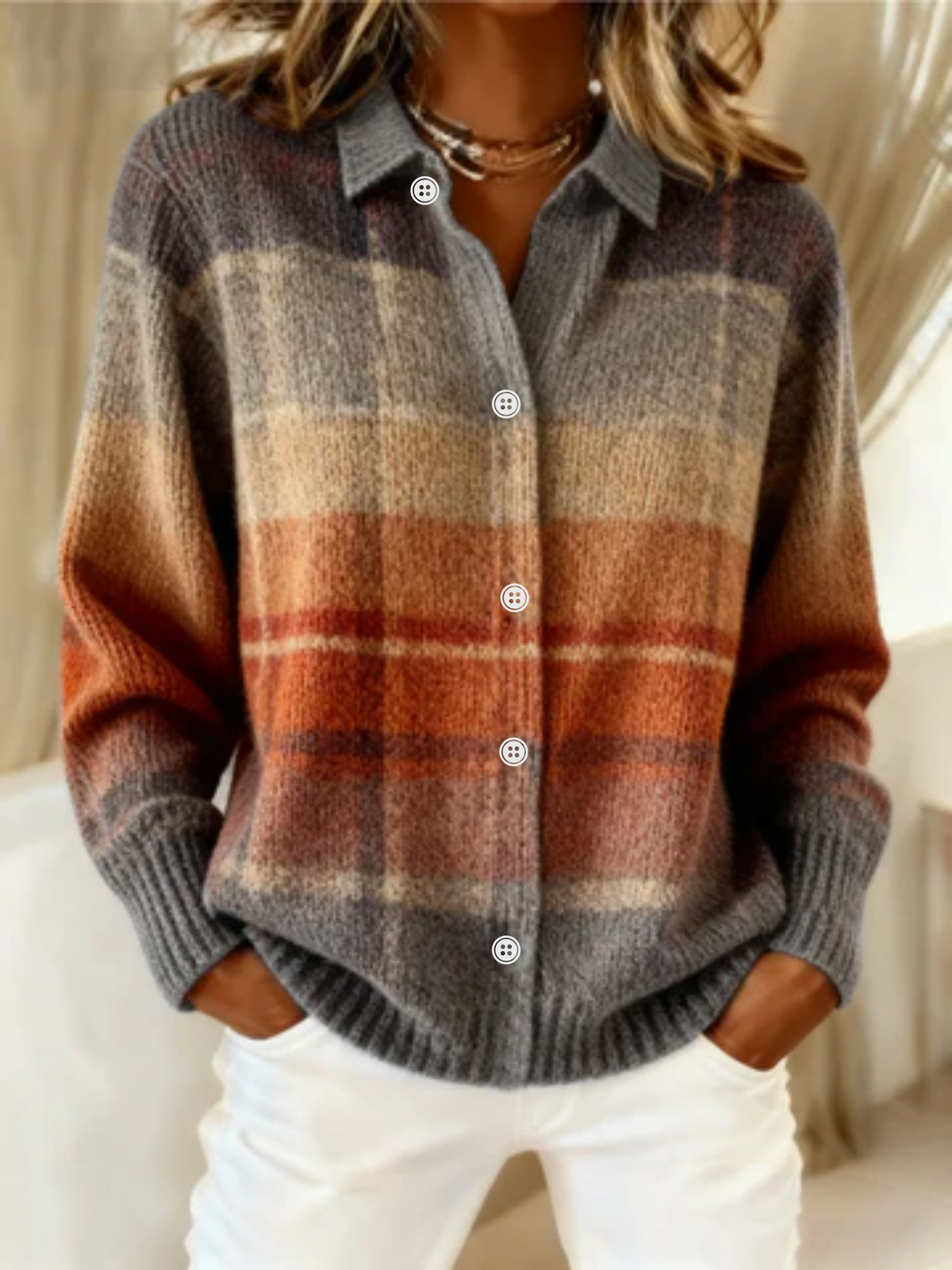 Collared Button Front Plaid Knit Cardigan