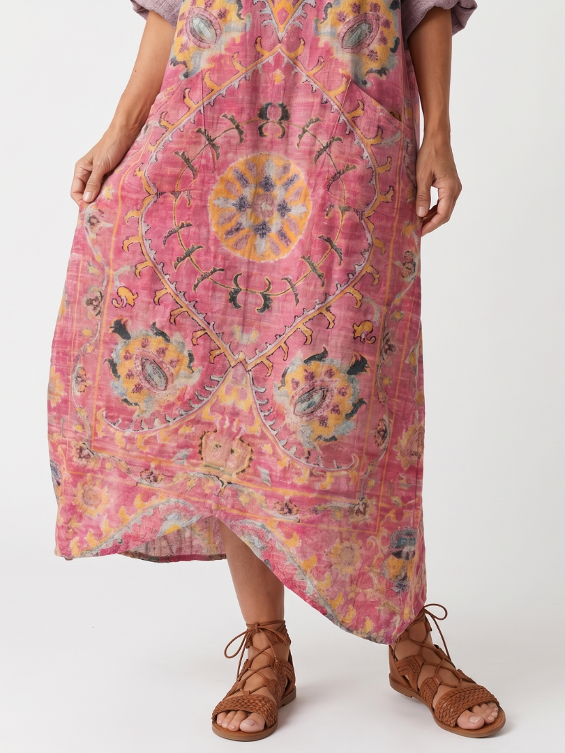 Paisley Print V-Neck Rolled Sleeve Pocket Kaftan Maxi Dress