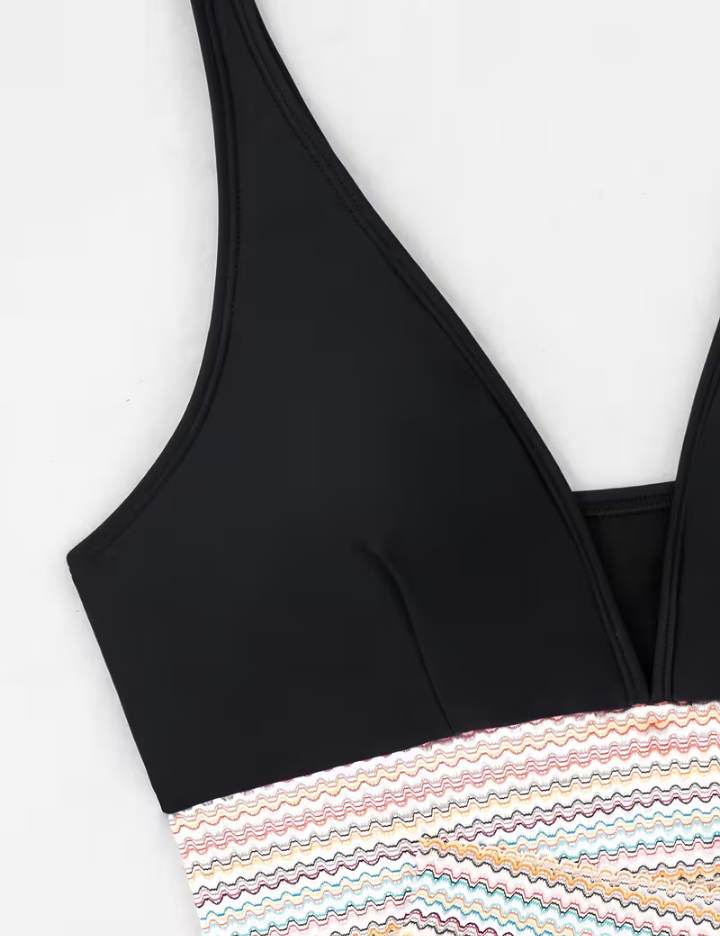 Triangle Top Ruched Chevron Trim High Waist Bikini Set
