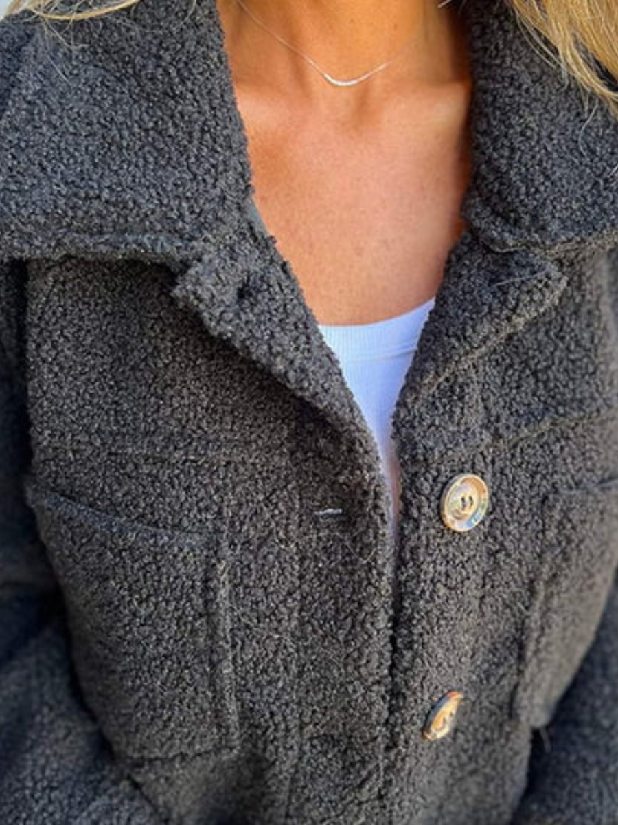 Button Front Chest Pocket Teddy Fleece Jacket