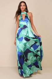 Halter Neck Cut Out Pleated Satin Maxi Dress 2