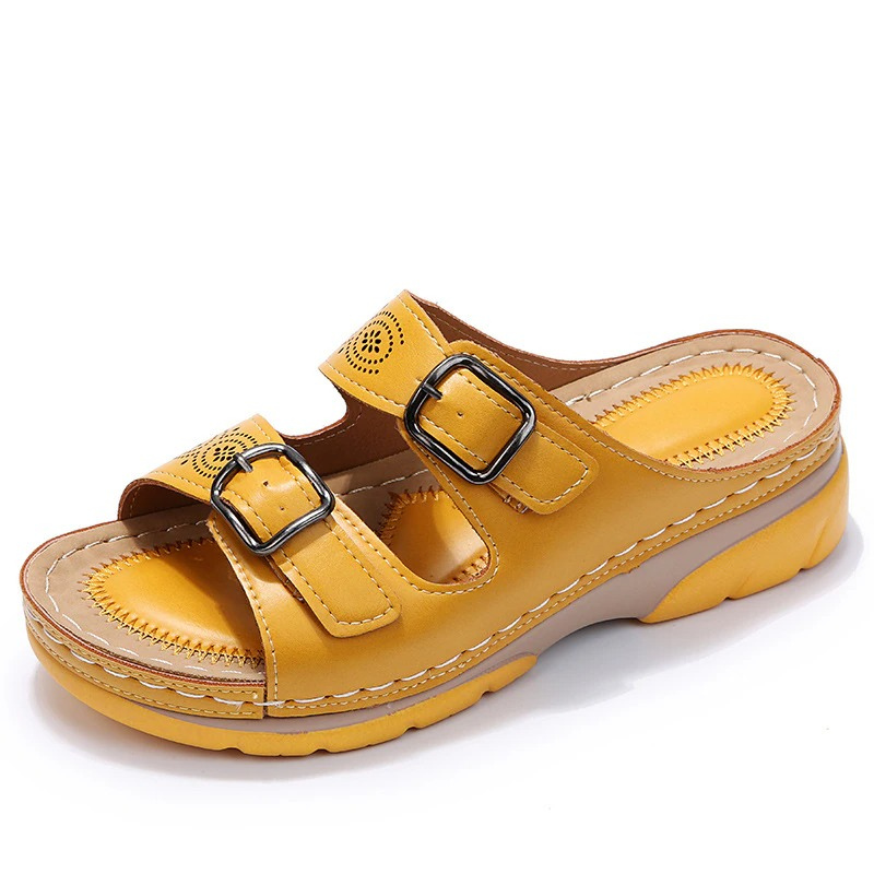 Open Toe Cutout Double Buckle Wedge Slide Sandals
