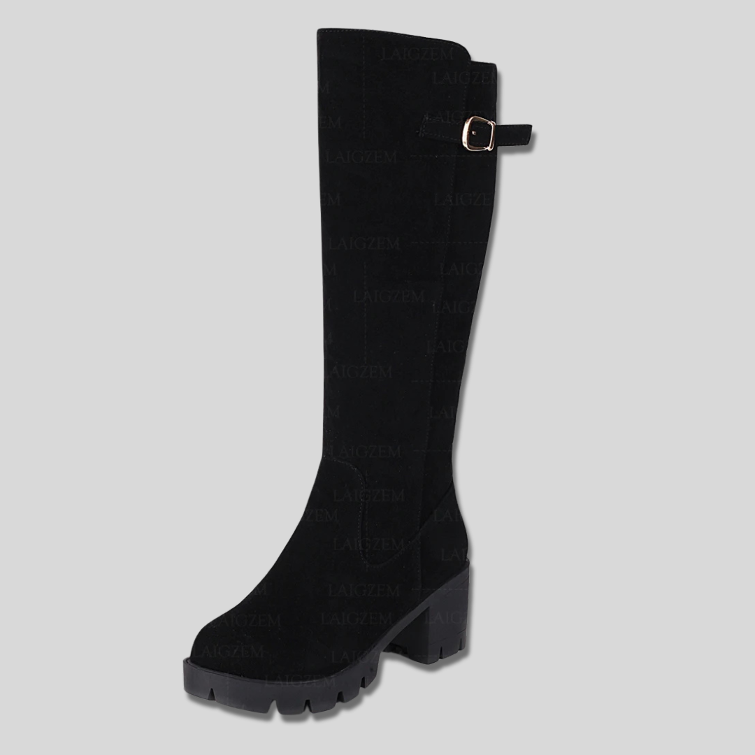 Suede Block Heel Lug Sole Knee High Boots
